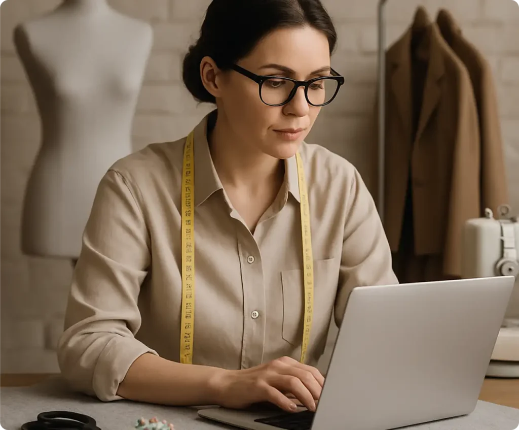 krawcowa pracujaca na laptopie przy stole